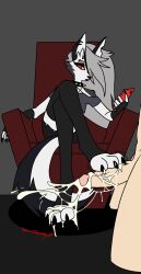 absurd_res alpaccasneaky anthro bodily_fluids bored_expression canid canid_demon claws clothing collar crossed_legs cum cum_on_paw cumshot demon dominant dominant_female duo ejaculation female foot_fetish foot_play footjob genital_fluids genitals gloves handwear hellhound helluva_boss hi_res human humanoid_genitalia humanoid_penis legwear loona_(helluva_boss) male male/female mammal nonchalant paws penis piercing sex stockings uncaring