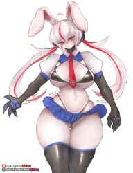 2023 anthro armwear big_breasts blush bottomwear breasts clothing female fur girlsay hair hi_res lagomorph legwear leporid looking_at_viewer mammal rabbit red_eyes red_hair ruby_(girlsay) skirt solo underwear white_body white_fur white_hair