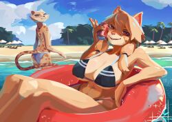 2023 2girls akino_(kemokin_mania) anthro armpits ass beach beach_umbrella big_breasts bikini breasts brown_eyes cheek_tuft cheetah claws detailed_background feline female female_only frankie_(extremedash) furry furry_only hazel_eyes in_water kemokin_mania looking_at_another navel palm_tree palm_trees pawpads paws plaster sea seaside small_breasts spotted_body spotted_fur swimming_ring tail teeth water_drop yellow_body yellow_fur yellow_hair