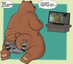 absurd_res anal anthro ass bear bodily_fluids cartoon_network digital_media_(artwork) dominant dominant_male duo english_text facesitting feet felid grizzly_(wbb) hi_res licking male male/male mammal obese oral overweight pantherine rear_view rimming sebboh sex sitting_on_another sweat sweaty_butt sweaty_feet sweaty_legs text tiger tongue tongue_out we_bare_bears