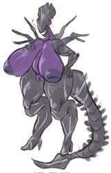 alien alien_(franchise) alien_humanoid areola big_breasts breasts cumlord cumlord_(artist) eyeless female female_xenomorph genitals grey_body hand_on_breast hand_on_hip heart hi_res huge_breasts humanoid inverted_nipples just_coffee milf nipples nude organic_high_heels purple_areola purple_body purple_nipples pussy sharp_teeth simple_background smile solo teeth thick_thighs white_background wide_hips xenomorph xenomorph_queen