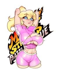 1girls 2024 2d 2d_(artwork) arms_behind_head big_lips blonde_hair blue_eyes brothbowl cleavage jpeg jpg large_breasts mario_(series) pink_shorts princess_peach shorts sportswear tearing_clothes torn_clothes white_background