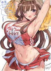 ;d alternate_costume armpits arms_up breasts brown_hair cheerleader cleavage crop_top female headgear highres holding holding_pom_poms kantai_collection kongou_(kantai_collection) kongou_kai_ni_(kantai_collection) large_breasts long_hair looking_at_viewer microskirt mizuta_kenji navel one-hour_drawing_challenge one_eye_closed open_mouth pom_pom_(cheerleading) pom_poms purple_eyes skirt smile solo speech_bubble sweat translation_request white_background