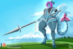 2022 2_toes 5_fingers absurd_res anthro artist_name battle_maid breasts clothing cloud day digital_media_(artwork) digitigrade feet female fingers grass hair hi_res horn horned_humanoid humanoid lips looking_at_viewer machine maid_uniform melee_weapon patreon patreon_logo pink_eyes pink_hair pink_lips plant polearm robot robot_humanoid solo spear tatemil text thong toes underwear uniform url weapon