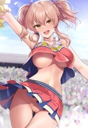 :d arm_up armpits blue_sky blush breasts cheering cheerleader cleft_of_venus cloud collarbone crop_top day female gluteal_fold hair_between_eyes hair_ribbon highres holding holding_pom_poms idolmaster idolmaster_cinderella_girls jougasaki_mika large_breasts lips long_hair looking_at_viewer midriff mk_(mod0) navel no_bra no_panties no_underwear open_mouth outdoors pink_hair pleated_skirt pom_pom_(cheerleading) pom_poms pussy ribbon skirt sky sleeveless smile stadium teeth twintails upper_teeth_only upshirt yellow_eyes