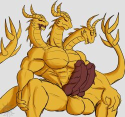 2_penises 3_heads abs anthro arm_on_thigh balls biceps biped bulge claws daikuhiroshiama digitigrade diphallia diphallism dragon erection genitals godzilla_(series) hi_res horn hydra kaiju king_ghidorah looking_at_viewer male monster multi_genitalia multi_head multi_penis muscular muscular_anthro muscular_male muscular_thighs open_mouth pecs penis pose red_eyes scalie serratus simple_background sitting solo solo_male tail teeth toho tongue tongue_out triceps