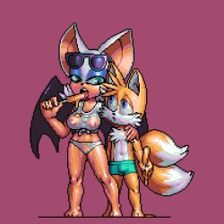 1boy 1boy1girl 1girls anthro arm_around_shoulders bat beach bedroom_eyes cling darktinny eyewear_on_head flirting fox imminent_sex older_female older_woman_and_younger_boy pixel_art popsicle rouge_the_bat seductive seductive_look sega sonic_(series) sonic_the_hedgehog_(series) sunglasses sunglasses_on_head swimming_trunks tagme tails taller_girl translucent_clothing younger_male