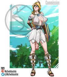 accessory armor belt big_breasts blonde_hair blue_eyes bottomless bottomless_skirt casual casual_nudity foreskin full-package_futanari futa_only futanari gladiator_sandals greek huge_cock light-skinned_futanari looking_away milf nipples nipples_visible_through_clothing no_panties nsfwblackle sandals see-through_clothing shield sophitia_alexandra soul_calibur standing veiny_penis