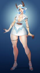 big_breasts big_breasts blue_hair cleavage color colored galbreak high_heels high_resolution highres horns hourglass_figure isabelle_(galbreak) long_legs louten original_artwork original_character short_skirt thick_thighs tight_clothing