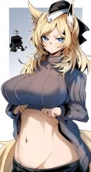 1girls 2023 animal_ear_fluff animal_ears arknights belly belly_button big_breasts blonde_hair blue_eyes breasts cleavage gin_moku hat hi_res horse_ears horse_tail light-skinned_female light_skin long_hair simple_background solo standing sweater sweater_lift tail whislash_(arknights)