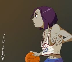 1girls basketball basketball_(ball) basketball_uniform dc dc_comics exposed_breasts female female_focus female_only geov nipple_slip no_bra pale-skinned_female pale_skin purple_hair rachel_roth raven_(dc) short_hair small_breasts superheroine teen_titans wardrobe_malfunction