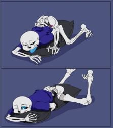 1boy animated_skeleton blue_background blue_tongue bottomless egg_vibrator fallen9choirs heart-shaped_pupils heart_eyes heart_shaped_pupils male male_only pantsless pillow pillow_humping pillow_sex sans shirt_only simple_background skeleton solo solo_male tongue tongue_out undertail undertale undertale_(series)