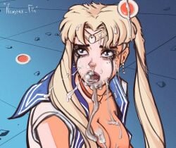 1girls after_sex bishoujo_senshi_sailor_moon blonde_hair cleavage clothing cum cum_bubble cum_everywhere cum_in_mouth cum_on_breasts cum_on_face draw_challenge female female_only fin_nomore large_breasts meme ruined_makeup sailor_moon sailor_moon_redraw_challenge solo twintails usagi_tsukino wet