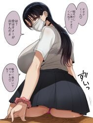 absurdres ass black_hair bra_visible_through_clothes breasts choker desk ear_piercing female gyaru highres huge_breasts long_hair looking_back mask mouth_mask original panties piercing pleated_skirt ricochet-gou school_uniform scrunchie sitting skirt solo teasing text translation_request underwear wrist_scrunchie