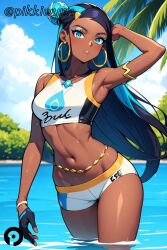 ai_generated arm_up armlet armpits belly_chain bikini black_hair blue_eyes blue_hair blush breasts crop_top dark-skinned_female dark_skin day earrings female gloves hair_bun hoop_earrings jewelry long_hair looking_at_viewer makeup midriff multicolored_hair navel necklace nessa_(pokemon) outdoors parted_lips pikkiwynn pokemon single_glove single_hair_bun sky solo swimsuit tankini tree two-tone_hair wading water wet