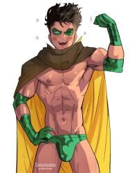 1boy abs bara batman_(series) biceps bulge bulging_biceps cape caucasian caucasian_male damian_wayne dc dc_comics flexing hand_on_hip looking_at_viewer male male_only maskes muscles muscular muscular_male pecs posing robin_(damian_wayne) robin_(dc) sevaztian shirtless_male smooth_chest smooth_skin solo solo_male superhero teen_boy underwear winking_at_viewer