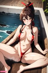 ai_generated brown_eyes brown_hair cameltoe jigokuraku nervous shy stable_diffusion thighs thong_bikini yamada_asaemon_sagiri