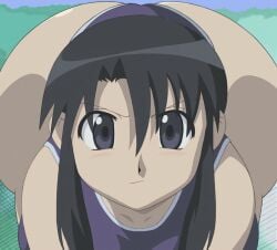 1girls azumanga_daiou bent_over big_ass black_eyes black_hair blush edit female_only fence huge_ass huge_breasts long_hair looking_at_viewer massive_ass nyamo_minamo_kurosawa outside please_look_forward_to_it screenshot_edit solo solo_female stern_expression swimsuit tagme tagme2 thesanstorm voluptuous voluptuous_female wide_hips