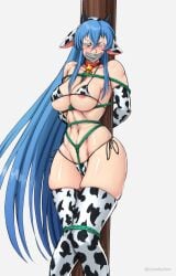 1girls akame_ga_kill! almost_naked alternate_costume angry arms_behind_back barely_clothed blue_hair blush bondage bound brush captured captured_villainess collar cow_bell cow_bikini cow_collar cow_ears cow_horns cow_print crotch_rope damsel_in_distress defeated defeated_villainess domination embarrassed embarrassed_female esdeath_(akame_ga_kill!) female female_only femsub frustrated fully_clothed gag gagged helpless juiceofyellow legs_together light-skinned_female light_skin revealing_clothes rope rope_bondage sex_slave skimpy_clothes slave square_enix stockings tape_gag tied_to_pole tied_up villainess worried