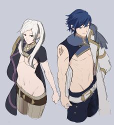 1boy 1girls adapted_costume alternate_costume bad_censor black_eyes blue_eyes blue_hair breasts breasts_out chrom_(fire_emblem) cleavage covering female fire_emblem fire_emblem_awakening fire_emblem_engage hair_covering_breasts male medium_breasts medium_hair nintendo pomelomelon revealing_clothes robin_(fire_emblem) robin_(fire_emblem)_(female) short_hair smile twintails underboob