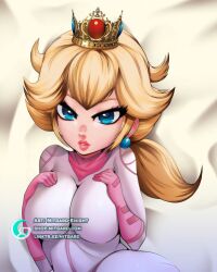 2d_(artwork) blonde_female blue_eyes bodysuit breasts mario_(series) mitgard-knight mitgardstore oppai pink_clothing plump_lips princess_peach super_mario_bros._(2023_film) thick_lips waifu2x white_background