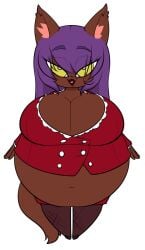 big_breasts breasts cute_fang dark-skinned_female eyebrows_visible_through_hair female fishnets imcoffeecakes large_belly purple_hair small_clothes solo suki_(mabocorescant) tagme yellow_eyes