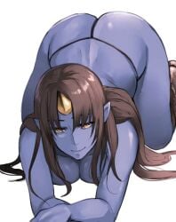 1girls adult all_fours ass big_ass big_breasts big_butt black_thong blue-skinned_female blue_oni_(pepe_(jonasan)) blue_skin boots brown_boots brown_hair demon demon_girl demon_horns demon_humanoid demoness female female_only horn large_ass large_breasts legs long_hair looking_at_viewer mature mature_female monster_girl nice_ass oni oni_female original pepe_(jonasan) pointed_ears pointy_ears shiny_hair shiny_skin simple_background single_horn smile solo thighs thong white_background yellow_eyes