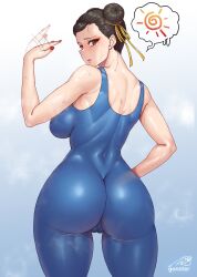 1girls ass ass_focus bare_shoulders blush breasts brown_eyes brown_hair cameltoe capcom chun-li double_bun earrings fanning fanning_self female from_behind gonster gradient_background hair_bun heat highres jewelry large_breasts leotard looking_at_viewer looking_back short_hair solo street_fighter street_fighter_6 sweat thick_thighs thighs