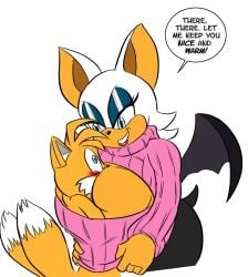 1boy 1boy1girl 1girls age_difference anthro bat cleavage_cutout clothing_entrapment doppios_sweater english_text fox furry glassfish keyhole_turtleneck older_female older_woman_and_younger_boy open_chest_turtleneck rouge_the_bat sega shared_clothes sonic_(series) sonic_the_hedgehog_(series) speech_bubble sweater tagme tails text younger_male