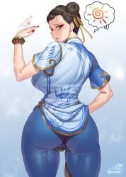 1girls ass blush bracelet breasts brown_eyes brown_hair cameltoe capcom china_dress chinese_clothes chun-li double_bun dress earrings fanning fanning_self female gonster gradient_background hair_bun heat highres jewelry large_breasts looking_at_viewer looking_back short_hair signature solo street_fighter street_fighter_6 sweat thick_thighs thighs