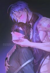 2boys arms_behind_back blindfold blush collar ear_piercing eiden_(nu:_carnival) everydaysleep hand_on_chest hand_on_chin kuya_(nu:_carnival) licking_lips long_fingernails long_hair male_only mostly_clothed nu:_carnival revealing_clothes tattoo yaoi