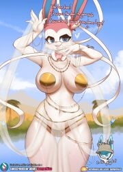 belly_dancer belly_dancer_outfit big_breasts bow_ribbon bow_tie burgerkiss clothing clouds desert dialogue glaceon harem_girl harem_outfit heart heart-shaped_pupils nintendo oasis pokemon pokemon_(species) sylveon