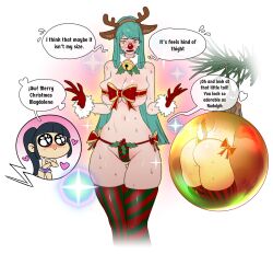 ass big_breasts black_hair christmas cleavage color comic comic_page dialog galbreak green_hair high_heels kim_(galbreak) louten magdalena_(galbreak) reindeer_costume thick thick_ass thick_thighs