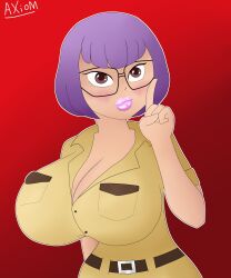 1girls big_breasts busty cleavage dinocore female female_only glasses hi_res huge_breasts index_finger_raised kaya_(dinocore) looking_at_viewer pink_lipstick purple_hair red_eyes short_hair shorts smile solo voluptuous