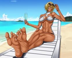 1girls abs beach beach_chair big_feet bikini bleach blonde_hair breasts chair cleavage crossed_legs dark-skinned_female dark_skin drink feet female fetish foot_fetish foot_focus glass holding_object large_breasts long_legs long_toes midriff muscular muscular_female naranjou ocean seaside soles solo tia_harribel voluptuous