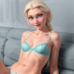 1girls ai_generated air34x blonde_hair blue_eyes bra braid disney elsa_(frozen) eye_contact frozen_(film) panties posing underwear