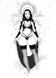 black_and_white black_hair bra female hourglass_figure lingerie long_hair long_legs louten original_artwork original_character pubes pubic_hair thick thick_thighs thong wings