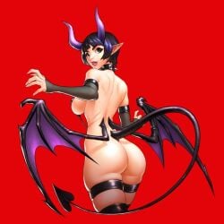 ass ass_focus back_view bat_wings big_breasts black_hair color colored female from_behind horns louten short_hair slingshot_swimsuit succubus susu_jpg swimsuit swimsuit_succubus tail thick_ass thick_legs thick_thighs wide_hips