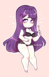 1girls 5_fingers alexrockcat alexrockocat artist_name black_bra black_panties bra breasts chibi cleavage doki_doki_literature_club female female_only heart heart-shaped_pupils heart_pen hearts holding_object holding_pen long_hair navel panties pen purple_eyes purple_hair solo solo_female solo_focus yuri_(doki_doki_literature_club)