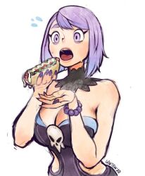 big_breasts chilean color colored completo completo_(chilean_hotdog) doggis eating festive galbreak louten open_mouth original_artwork original_character pink_eyes purple_hair sketch thick wizzy_(galbreak)