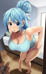 1girls aqua_(konosuba) bare_arms bare_shoulders barefoot bed blue_eyes breasts collarbone doorknob hair_bun highres indoors izawa_(bhive003) kono_subarashii_sekai_ni_shukufuku_wo! large_breasts long_hair looking_at_viewer pink_shorts shiny_skin shorts single_hair_bun solo_focus tank_top undressing wooden_floor