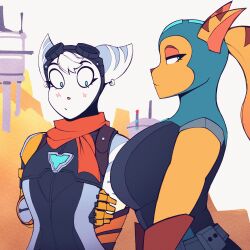 2girls alien alien_girl angela_cross_(ratchet_and_clank) animated big_breasts blue_eyes blush bodysuit breast_awe breasts cdlum clothing female female_only furry girl_staring_at_guy's_chest goggles goggles_on_head lombax_(ratchet_and_clank) looking_at_breasts looking_away meme ratchet_and_clank rivet_(ratchet_and_clank) smug