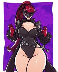 1girls atlus belt big_breasts cape cleavage clothing color colored commission female human kasumi_yoshizawa leotard louten mask masked_female megami_tensei pale_skin persona persona_5 persona_5_royal phantom_thief_suit red_hair sketch thick thick_thighs