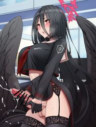 1futa absurdres balls bar_censor big_penis black_gloves black_hair black_shirt black_skirt black_thighhighs black_wings blue_archive blush bottomless breasts censored clothed clothing cowboy_shot cum ejaculation erection feathered_wings futa_only futanari futanari_masturbation gloves hair_between_eyes halo hasumi_(blue_archive) highres horny human large_breasts large_penis light-skinned_futanari light_skin long_hair long_sleeves masturbation mole mole_under_eye mostly_clothed open_mouth penis projectile_cum red_eyes shirt skirt solo standing testicles thighhighs tussy very_long_hair wings