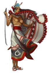 1girls breasts breasts_out dark_skin dress_lift history long_hair mesoamerican mesoamerican_mythology mossa realistic standing sword traditional_clothes weapon white_hair