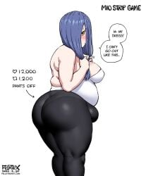 1girls back back_view bbw big_ass big_breasts big_butt blue_hair bulge clothed dialogue dress fat fat_woman fellatrix female female_only huge_fupa mio_(fellatrix) overweight solo strip_game tagme white_background