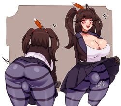 1futa ahoge back_view backsack beauty_mark blush brown_hair bulge bulge_through_clothing choker cleavage flaccid futa_only futanari gloves huge_ass jacket large_breasts leggings looking_at_viewer prin(prinmei) red_eyes simple_background skirt skirt_lift smile sunk118 tank_top thick_thighs twintails white_shirt wide_hips