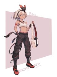 1girls bag bea_(pokemon) black_pants bra breasts grey_hair hairband hand_in_pocket holding_bag looking_at_viewer midriff navel necklace nintendo odd_(hin_yari) pants pokemon pokemon_ss shoes short_hair small_breasts sports_bra white_bra white_sports_bra wristbands yellow_eyes