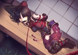 1girls android arms_behind_back bit_gag black_hair black_leotard bondage bound bound_arms bound_legs bound_torso breast_bondage breasts collar covered_navel fate/grand_order fate_(series) female female_only gag gagged helpless kaddo katou_danzou_(fate) leash leotard lying mechanical_arms medium_breasts multicolored_leotard on_side ponytail porch pussy_juice red_leotard red_rope remote_control_vibrator robot_joints rope sex_toy shibari_over_clothes single_mechanical_arm slave solo veranda vibrator vibrator_in_pussy vibrator_under_clothes viewer_holding_leash wooden_floor yellow_eyes