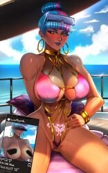 2023 badcompzero big_breasts blush dark-skinned_female dark_skin faceless_male female female_focus glasses glasses_on_head glowing_tattoo hoop_earrings league_of_legends league_of_legends:_wild_rift male male_pov multicolored_hair phone phone_screen pubic_tattoo purple_lipstick qiyana_yunalai revealing_clothes riot_games skimpy_clothes swimsuit tagme tattoo thick_thighs true_damage_qiyana true_damage_series yacht yellow_eyes